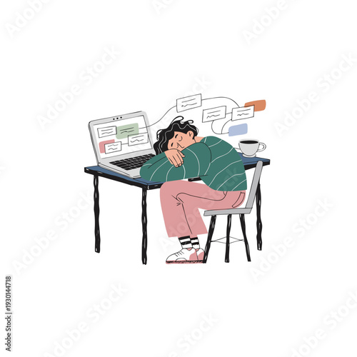 burnout exhausted office worker at desk emotional fatigue concept vector illustration