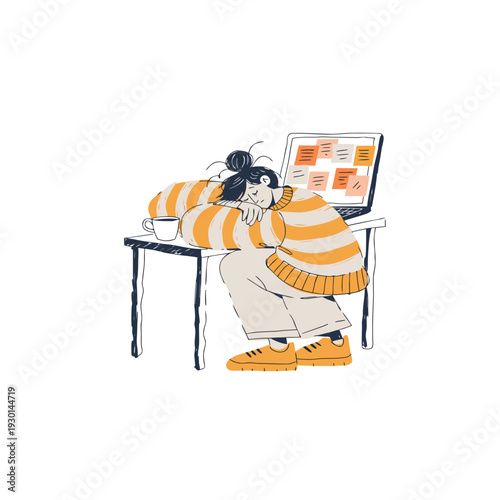 burnout exhausted office worker at desk emotional fatigue concept vector illustration