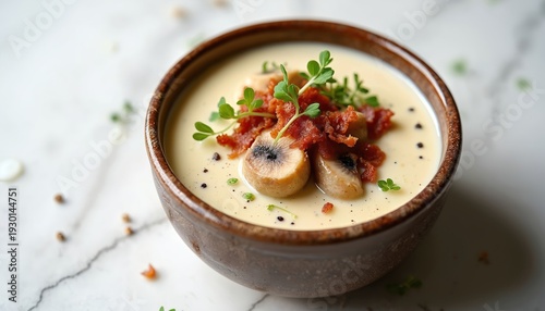 Creamy clam chowder in bowl topped with bacon bits mushrooms and fresh greens. Rich seafood soup with savory flavor ready to eat. Cozy winter meal perfect for cold weather.