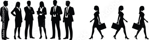 Business silhouettes teamwork, corporate professionals walking, office colleagues group, workplace dynamics, business attire people, professional environment illustr