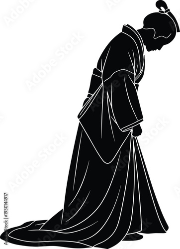 Black vector silhouette of a Japanese woman in a traditional kimono bowing for concepts of culture respect history and branding