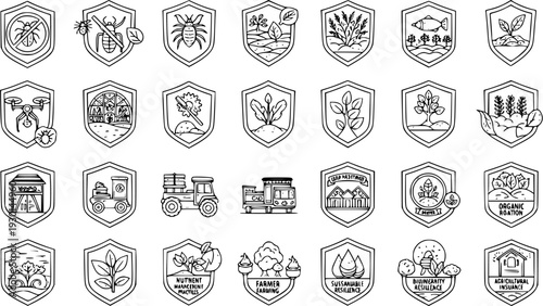 Line Art Agricultural and Farming Shields Icons Set: Pest Control, Crop Management, Organic Farming, Drones, Greenhouses, Sustainable Practices  Rural Life Symbols