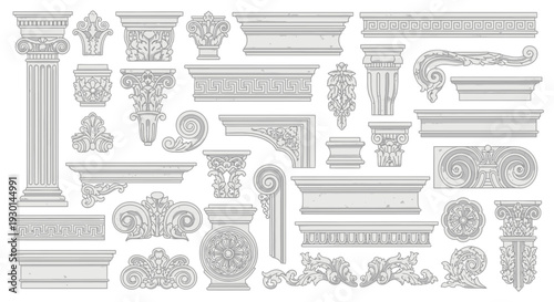 Collection of classical architectural elements, decorative borders, ornaments and columns in a vintage engraving style