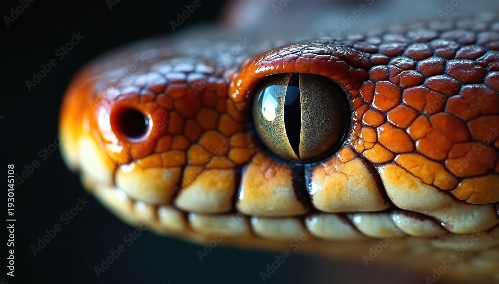 Fototapeta premium Detailed close up of snake eye shows intricate scale pattern and slit pupil. Reptile gazes intently, reflecting light. Focus on wild animal detail, natural texture, and vibrant colors.