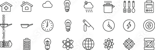 Minimal Line Icon Set with Home Energy Kitchen and Technology Symbols Outline Vector Illustration
