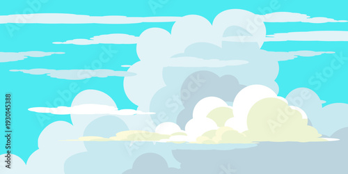 Illustration of a blue sky with white clouds in a flat style. Blue sky background and white clouds. Cartoon sky	