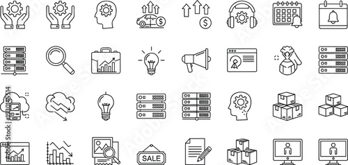 Business analytics and management line icons set, finance growth marketing outline vector collection, minimal black white illustration