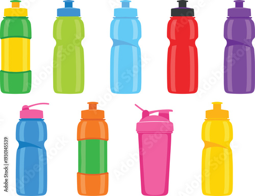 Colorful reusable water bottles and sports drink containers collection, hydration gear illustration isolated on light background for fitness, gym, travel and healthy lifestyle concepts