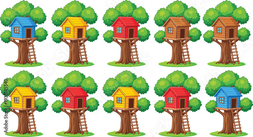 Colorful treehouse collection on lush green trees with wooden ladders, playful kids outdoor playhouse illustration for childhood adventure, backyard fun, nature living and fantasy garden design
