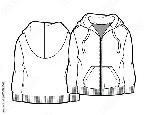 Kids zip up hoodies technical flat sketch vector mockup illustration.