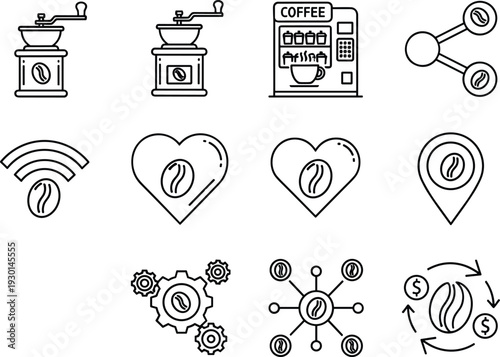 Coffee business line icons set, cafe brewing equipment outline vector collection, bean network finance minimal black white illustration