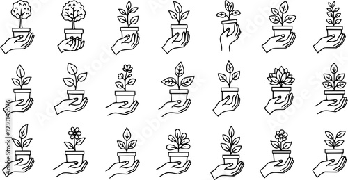 Minimalist line art icon set featuring hands gently holding various potted plants and seedlings, symbolizing growth, nature care, ecology, and environmental sustainability