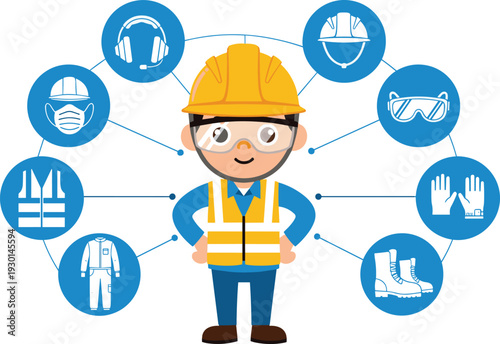 Construction worker wearing safety helmet and protective equipment surrounded by personal protective gear icons illustrating workplace safety standards and industrial protection practices on isolated