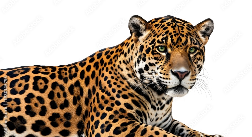 Obraz premium Majestic jaguar portrait showcasing distinctive spotted fur and intense gaze, highlighting the raw power and natural beauty of this magnificent wild big cat predator