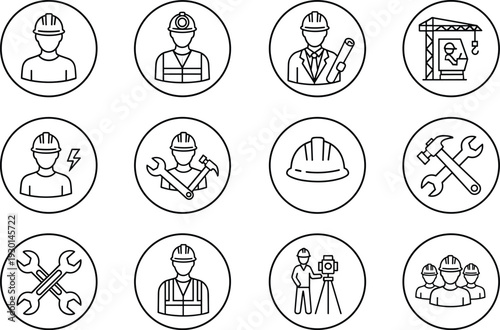 Photography Construction industry icons, worker silhouettes, safety helmet, blueprint tools,