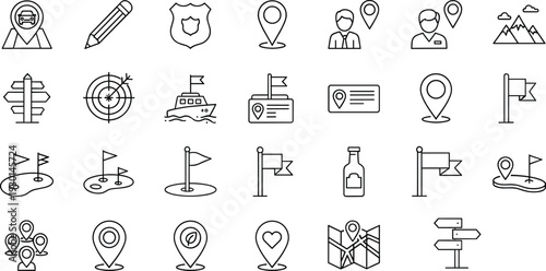 Navigation map pin line icon set, location tracking outline vector collection, GPS travel destination symbols, minimal black white illustration