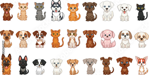 Cute dogs and cats collection featuring various breeds and colors in adorable cartoon vector style isolated on light background for pet and animal design