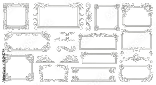 Collection of ornate vintage decorative borders and frames with elegant scrollwork and flourishes, perfect for graphic design and artistic embellishments