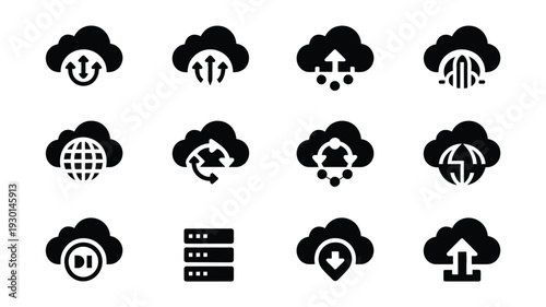 Technology ai silhouette logos showing cloud computing and data storage icons on white background