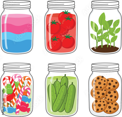 Glass jars collection with food, plants and colorful liquids, storage containers illustration isolated on light background for kitchen organization, preservation, gardening and pantry design