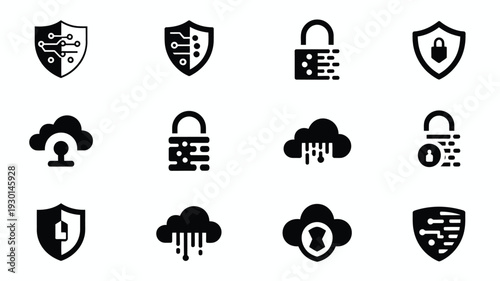 Collection of 12 black technology and ai security icons on white background including shields locks and clouds for cybersecurity concepts