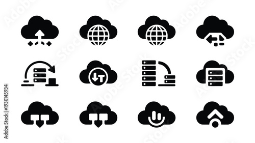 Technology ai silhouette logos showing cloud computing and data storage icons on white background