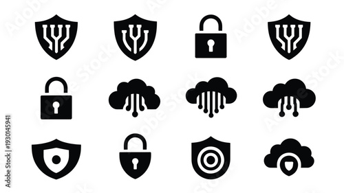 Black silhouette security icons set with shield lock and cloud symbols on white background for technology and data protection concepts