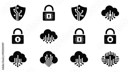 Technology ai silhouette logos featuring security icons with locks and shields on a white background