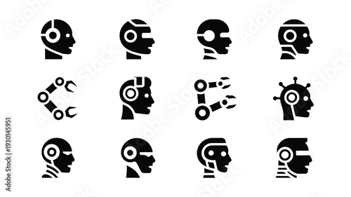 Set of robotic head and gear icons representing artificial intelligence and technology concepts on white background for design and development projects