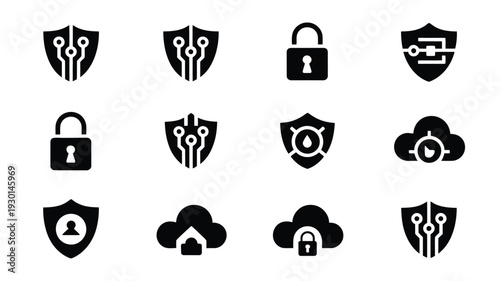 Black silhouette logos featuring technology and ai security icons including shields locks and clouds on white background for cybersecurity concepts