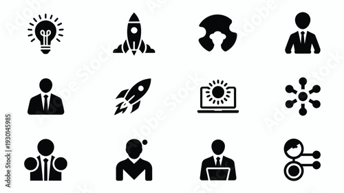 Collection of business and startup icons featuring people technology and innovation on white background