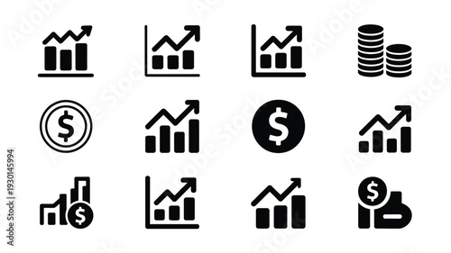 Business finance silhouette logos featuring graphs charts and dollar signs on white background