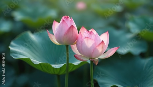Two light pink lotus buds bloom on green leaves. Delicate flowers grow in water, symbolizing purity, rebirth, and spiritual awakening. Peaceful scene, perfect for calm themes.