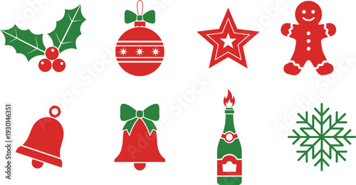Christmas holiday icon set with holly bell ornament star gingerbread and snowflake vector