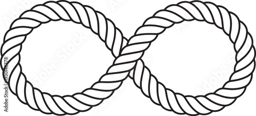 Black and white line of a thick rope twisted into an infinity symbol twisted rope