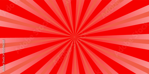 Retro red background with vintage circus sunburst. Psychedelic colorful swirl poster, abstract pattern in 70s carnival style. Hypnotic sunburst vector illustration.