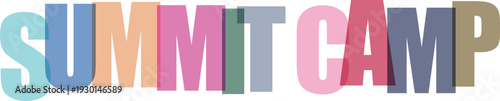Colorful overlapping letters spelling out SUMMIT CAMP isolated on a white background for graphic design purposes