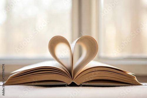 Open Book with Heart-Shaped Pages Symbolizing Love and Knowledge in a Soft Natural Light with a Warm Background