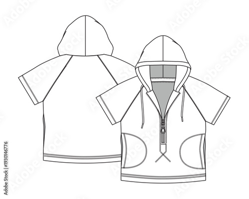 Kids short sleeve hoodies technical flat drawing vector mockup illustration.