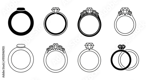 Collection of vector ring icons with diamonds and gemstones, showcasing various styles from simple bands to ornate designs symbolizing commitment and luxury