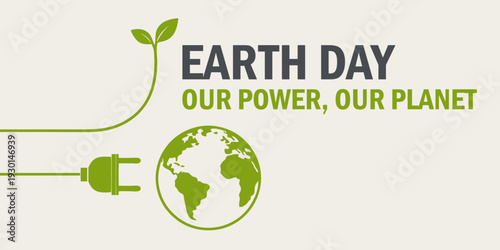 Earth Day vector illustration with green electric plug cable forming a growing plant and connecting to planet Earth. Concept of renewable energy, sustainable power, eco-friendly technology.