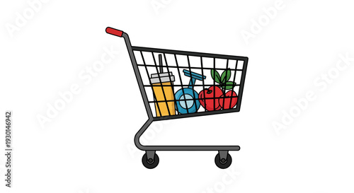 Vibrant illustration of a classic shopping cart overflowing with fresh groceries and household essentials, symbolizing consumer convenience and the modern retail experience