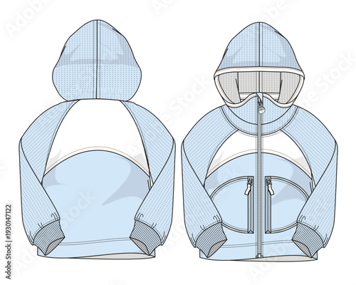 Kids raglan sleeve hoodies vector design technical flat drawing by adobe illustrator.