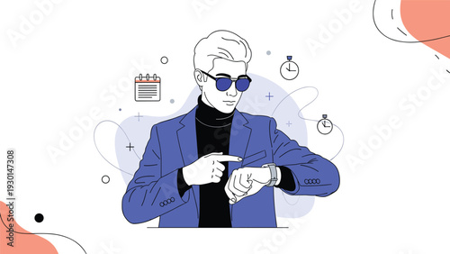 Professional man in a blue suit and sunglasses checking his watch, surrounded by abstract icons representing time management and punctuality.