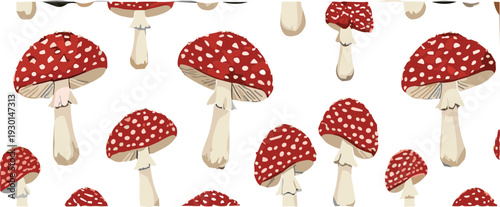 Mushroom seamless vector pattern, cute red toadstool illustration background for textile fabric wrapping design