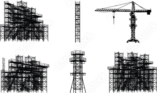 Construction silhouette structures, scaffolding tower illustration, crane equipment artwork, building site design, infrastructure development concept, industrial architecture vector,