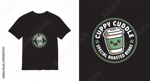 Cuppy cuddle coffee cup mascot logo design on black t-shirt mockup vector illustration