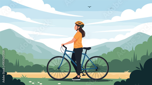 Active woman in a safety helmet standing with her bicycle on a scenic mountain trail, enjoying a healthy outdoor adventure in nature.