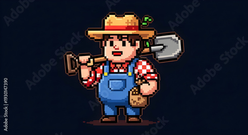 Cute Pixel Art Farmer Character Holding Shovel for Farm Simulator