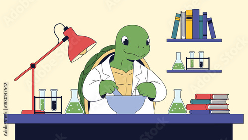 Whimsical illustration of a turtle scientist wearing a white lab coat while mixing colorful chemicals in a laboratory filled with equipment.